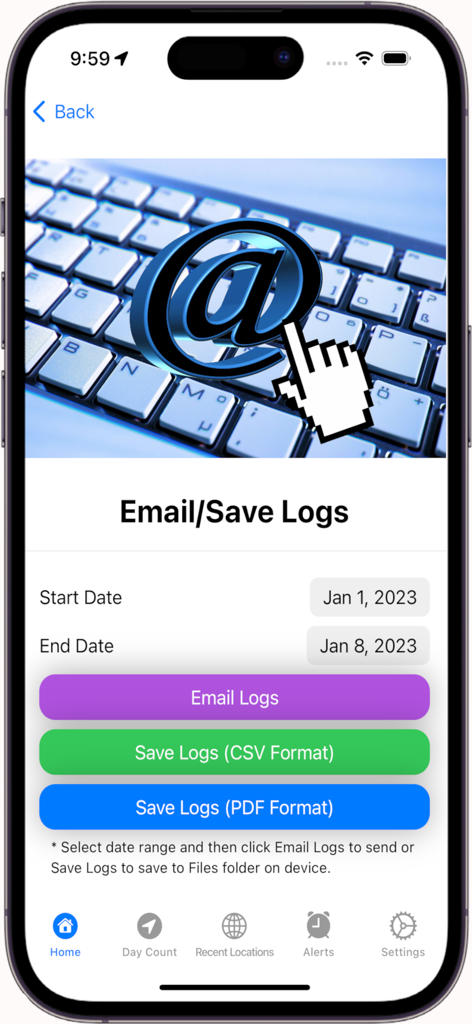 Domicile365 Residency Tracker - Interface for exporting residency logs as CSV or PDF in Domicile365 app