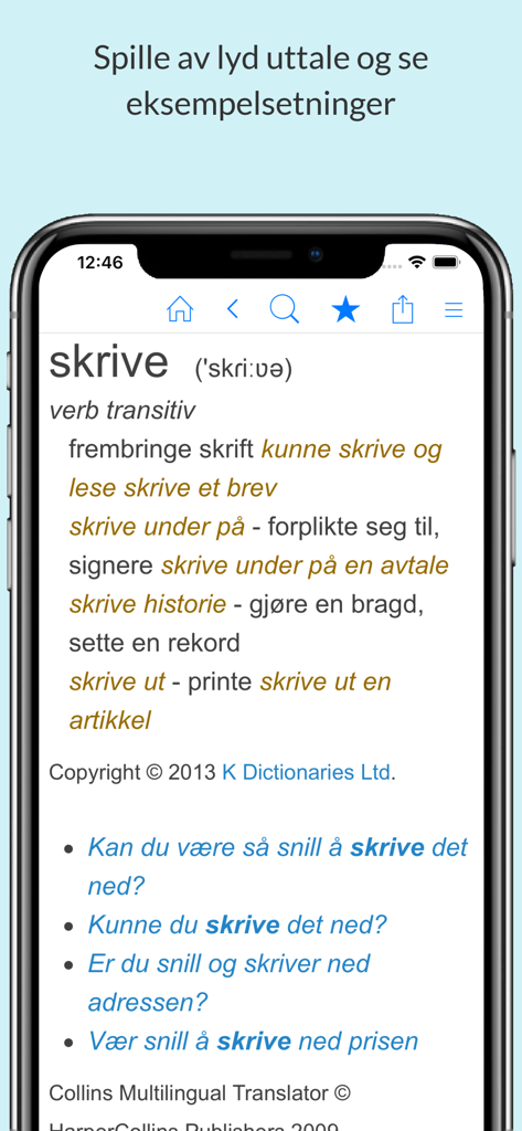 Norwegian dictionary app displaying the definition and example sentences for the verb skrive