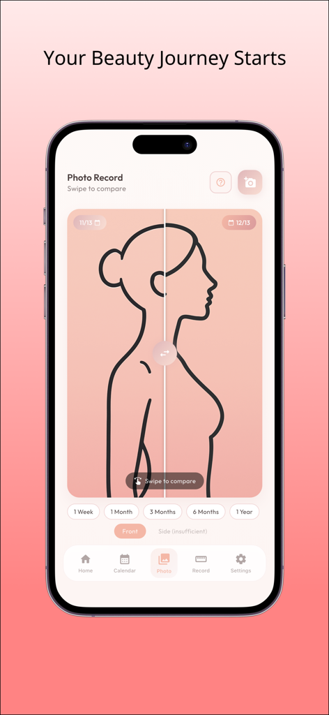 Boin - Bust Care & Tracker - Boinアプリ画面、バストケアの結果を時間とともに追跡するためのサイドバイサイドの進捗写真比較を表示