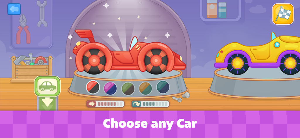 Selection screen in Cars Games for Kids and Toddlers showing a red race car