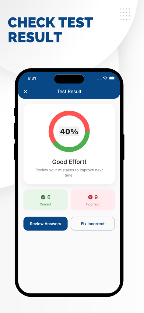 NZ Driving Theory Test 2026 - Captura de tela do aplicativo NZ Driving Theory Test mostrando um resultado de teste de 40% com contagem de respostas corretas e incorretas
