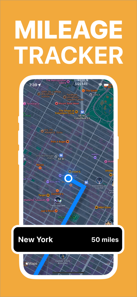 mile tracker car - Interfaz de la aplicación de rastreo de kilometraje que muestra una ruta de viaje de 50 millas en un mapa de la ciudad de Nueva York
