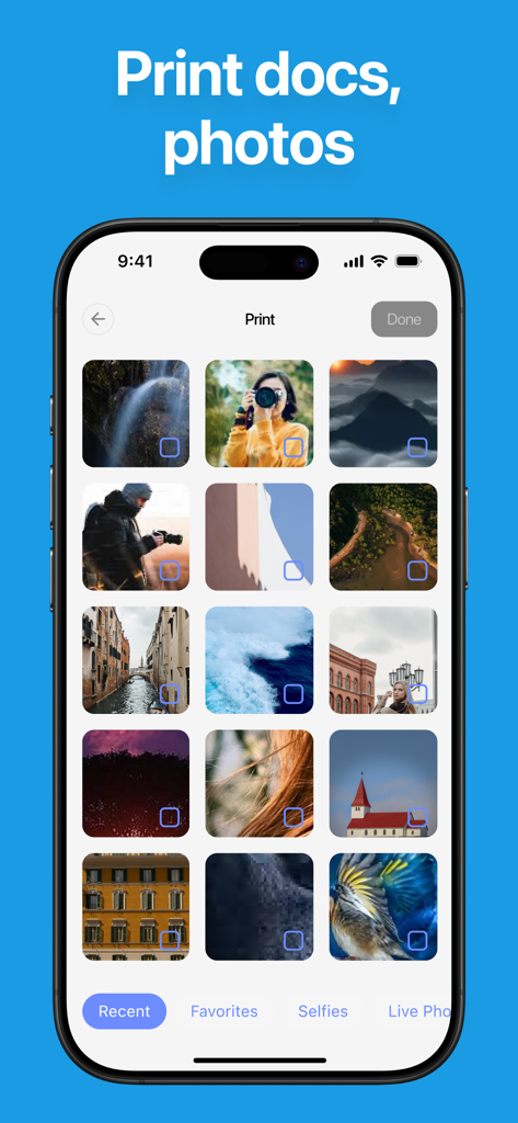 Smart Printer App. - Interface of the Smart Printer App showing a photo gallery selection screen for mobile printing