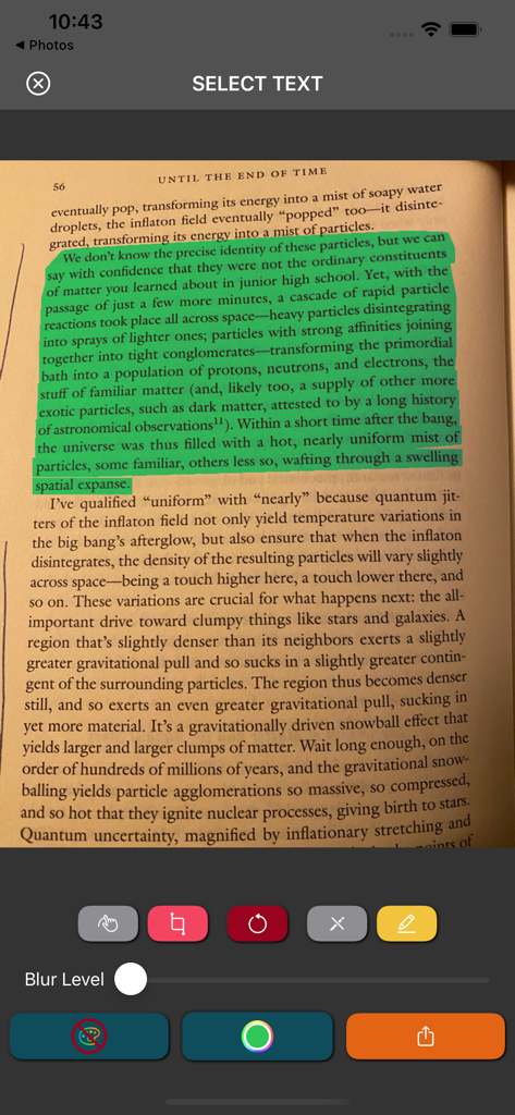 CiteLighter - User interface of CiteLighter app showing a highlighted paragraph on a book page