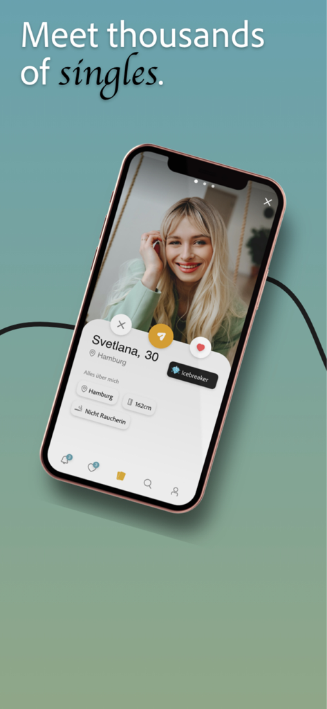 Pantalla de la aplicación Meeted con el perfil de un usuario, funcionalidad de deslizamiento y match bajo el texto Conoce a miles de solteros.