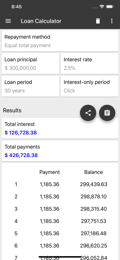 ClevCalc loan calculator interface displaying principal interest and repayment schedule