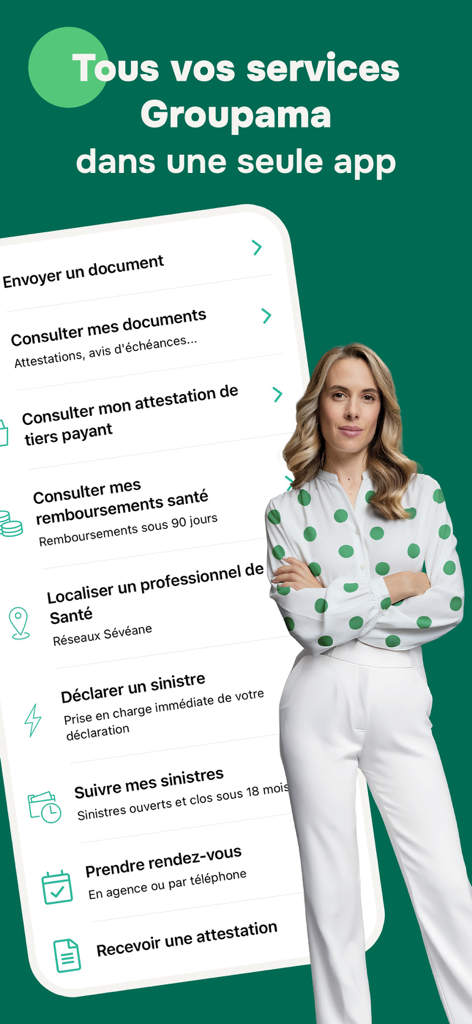 Pantalla de la aplicación Groupama et moi que muestra una lista de servicios de seguros como presentación de siniestros y gestión de documentos