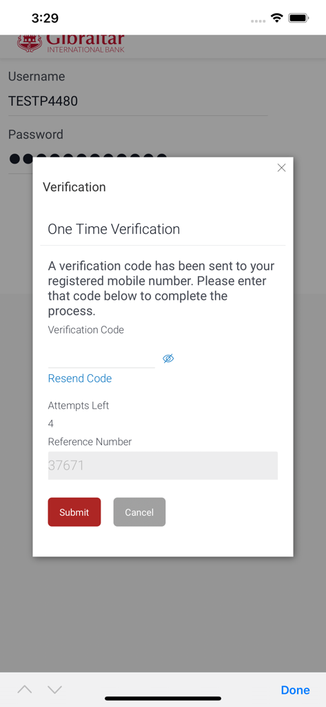 One time verification pop up window on the Gibraltar International Bank login screen