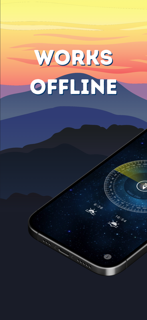 Sun Locator - Find the Sun - Sun Locator app screenshot showing offline functionality with sun tracking interface on a smartphone