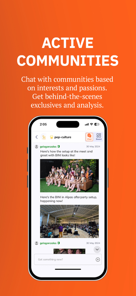 Rappler: PH News & Community - Rappler app screenshot showing the active communities feature with a pop-culture chat about the group BINI.