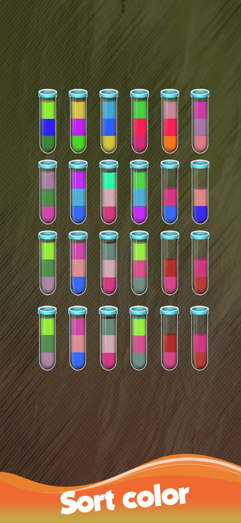 Water Sort Puzzle Color - A grid of test tubes filled with layered colored liquids in a mobile sorting game.