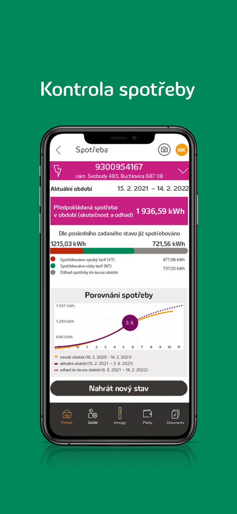 innogy innosvět - Interface of the innogy innosvet app showing detailed energy consumption statistics and comparison graphs for household utilities