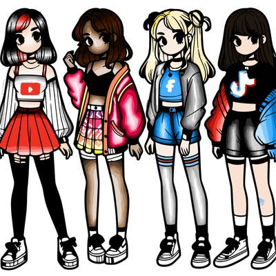 one girl with crop-top shirt and a jacket with a skirt, long socks and another girl with a shirt and pants with a jacket