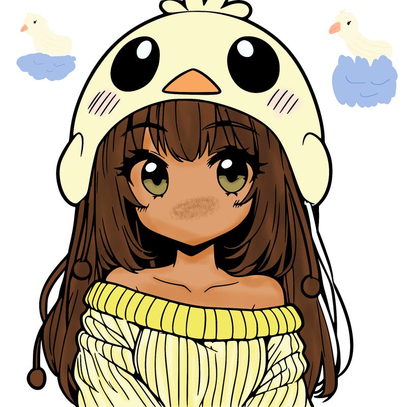 anime girl with chick shaped hat with sweater with bare shoulders with bangs covering them one eye with low tail