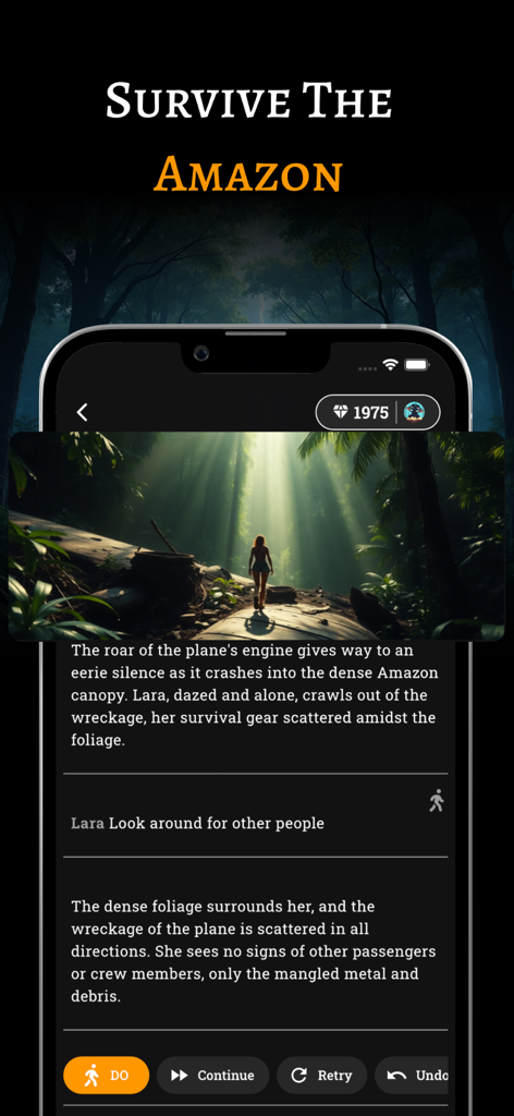 FableAI RPG app interface showing a survival adventure story in the Amazon jungle with AI visuals.