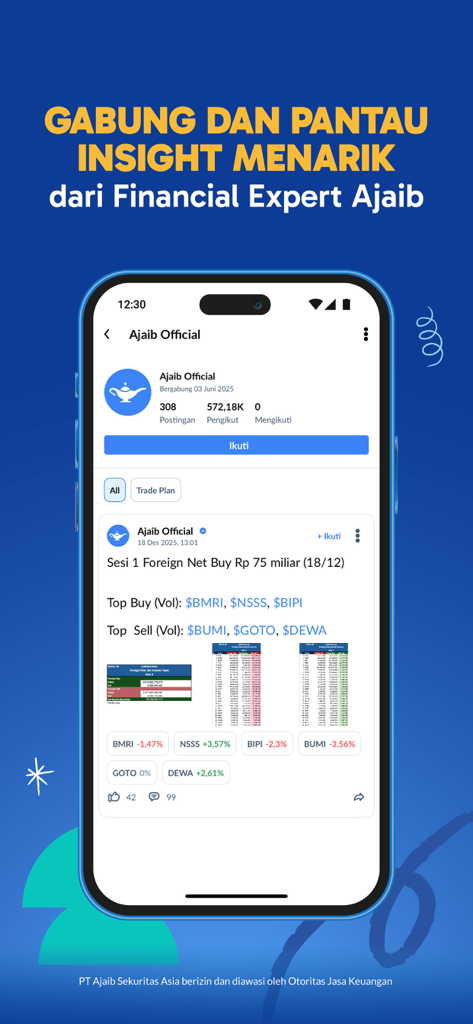 L'interfaccia dell'app Ajaib mostra approfondimenti sul mercato finanziario da parte di esperti