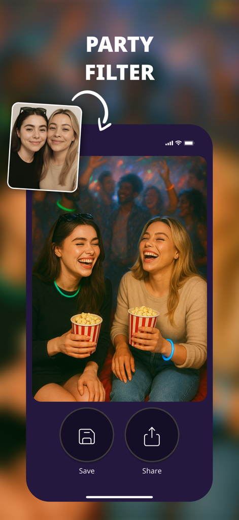 Dos mujeres transformadas en personajes de dibujos animados usando un filtro temático de fiesta en la aplicación Cartoonify