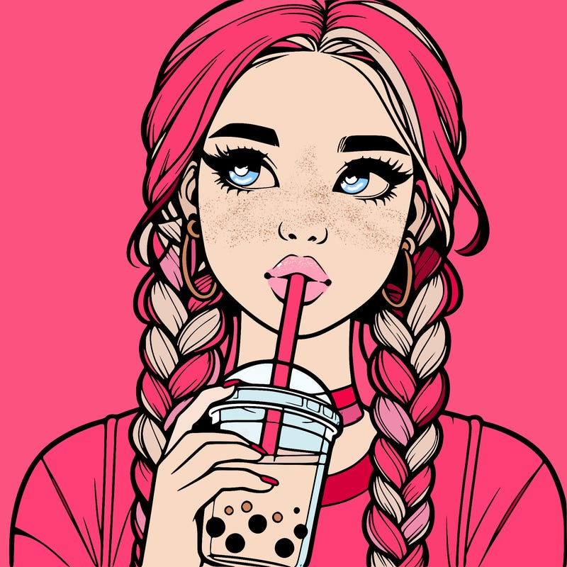 realistic girl with braided hair drinking boba