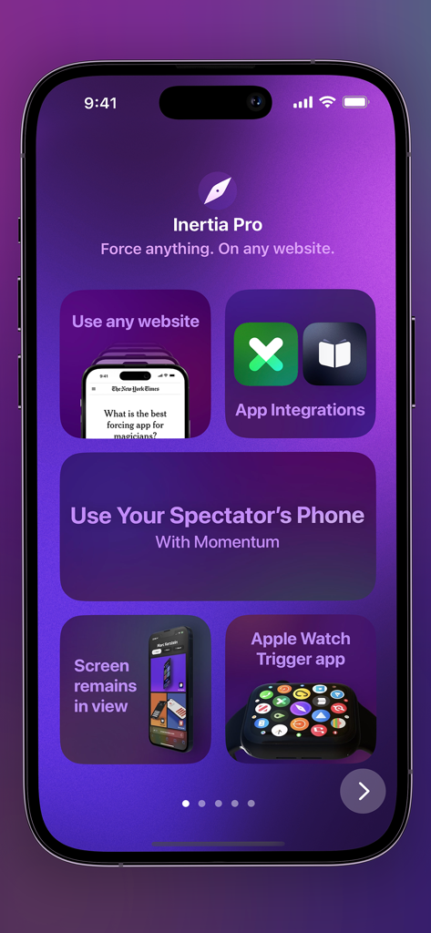 Inertia Pro - A screenshot of the Inertia Pro app interface highlighting features like website forces, spectator phone usage, app integrations, and Apple Watch support.