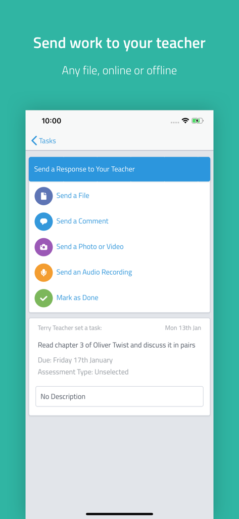 Firefly for Students - Interface of Firefly for Students app showing options to send files, comments, photos, or audio recordings to a teacher for a school assignment.