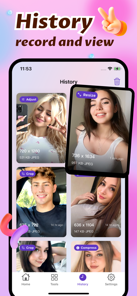 Cosmo - Batch Image Processor - Pantalla de historial de la aplicación Cosmo que muestra una cuadrícula de imágenes procesadas con etiquetas como redimensionar, recortar y comprimir.