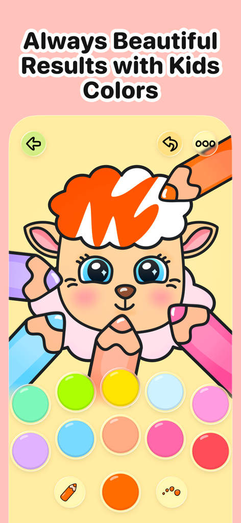 AI-Free Kids Coloring • Mea - Digital coloring page of Mea the sheep with a pastel color palette and drawing tools for children.