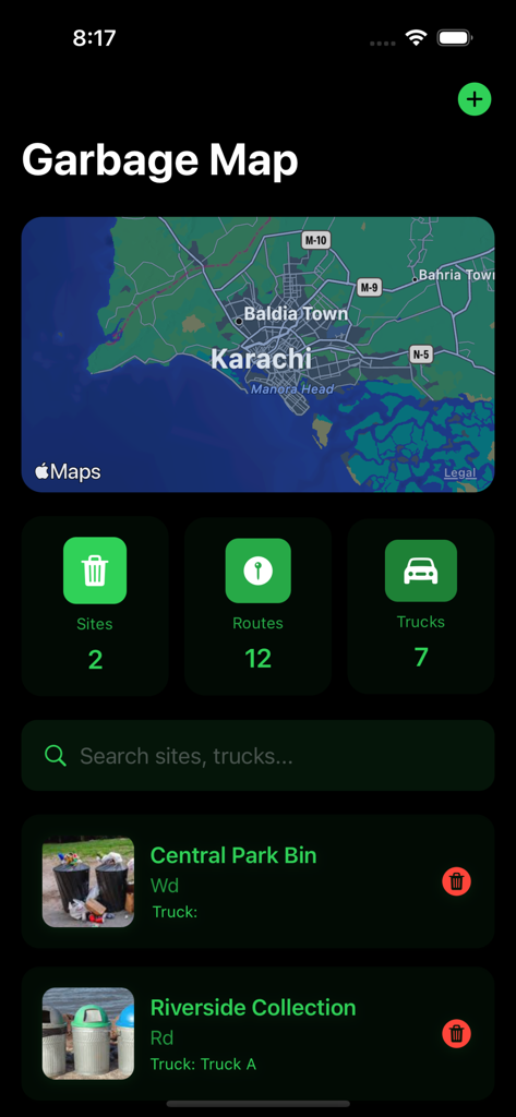 Garbage Maps Collection - Garbage Maps Collection app dashboard showing statistics for sites routes and trucks with a map view
