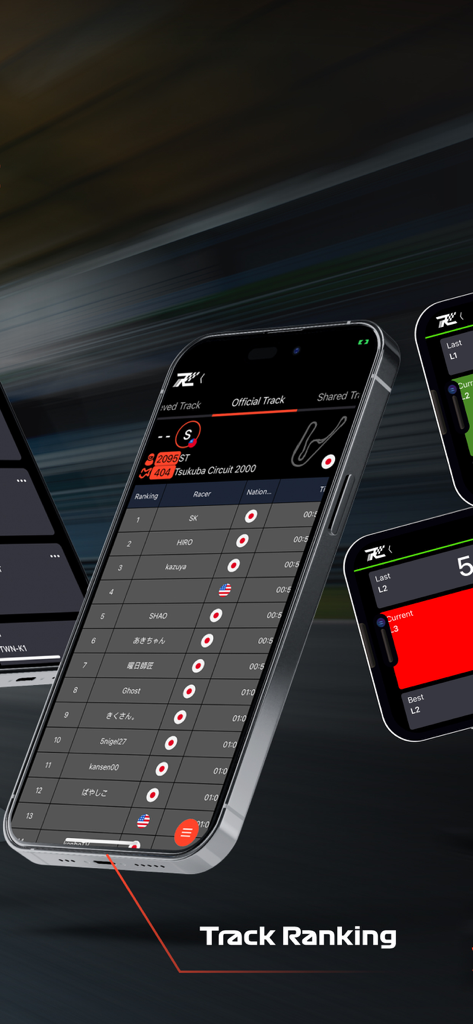 QRacing - Interfaz de la aplicación QRacing que muestra una tabla de clasificación competitiva de rankings de pistas de automovilismo con nombres de corredores y tiempos de vuelta