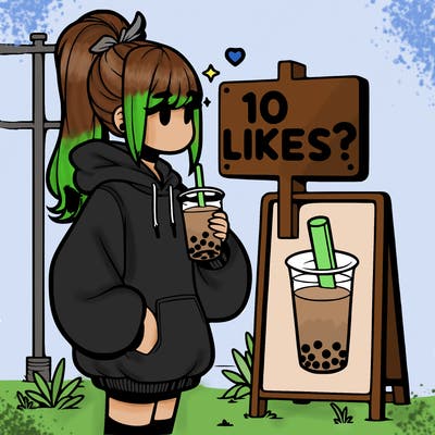 girl with oversized hoodie drinking boba and she has a high ponytail with a sign that says 10likes?