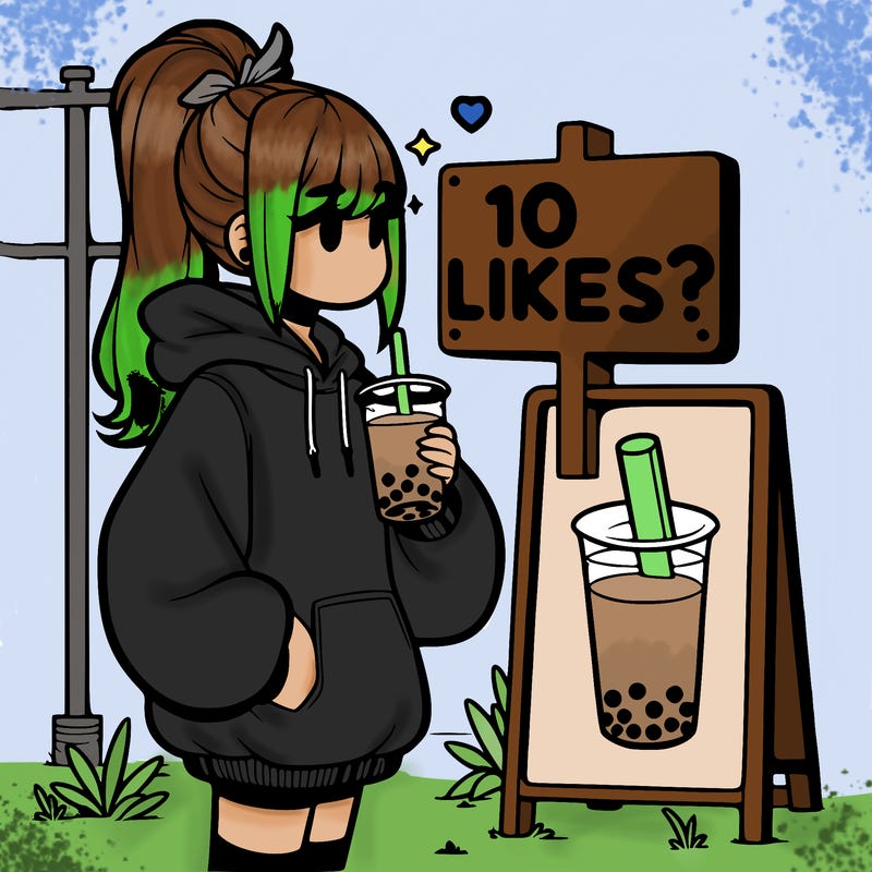 girl with oversized hoodie drinking boba and she has a high ponytail with a sign that says 10likes?