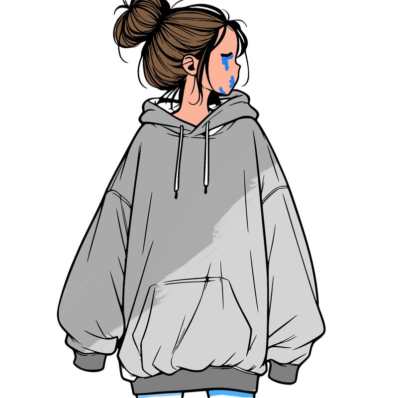 realistic girl with a oversized sweatshirt on and a bun