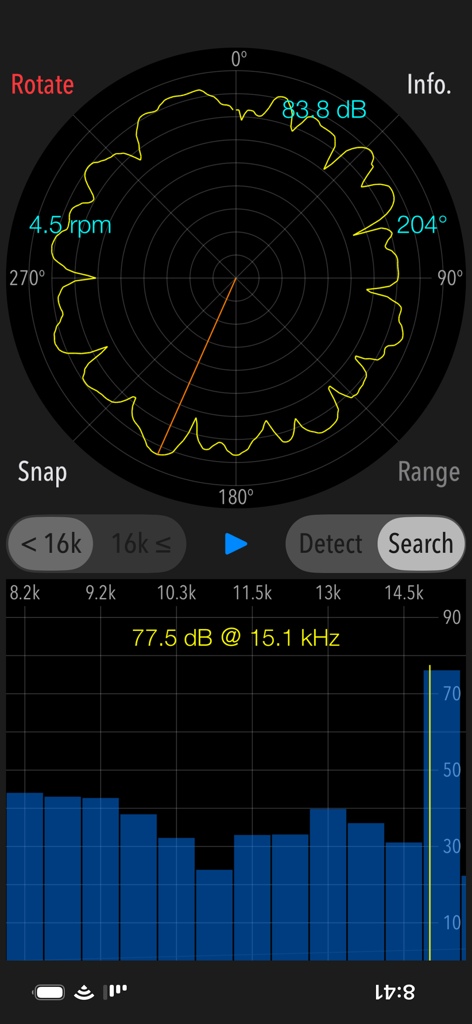 Mosquitone Detector search mode interface for finding high frequency sound sources