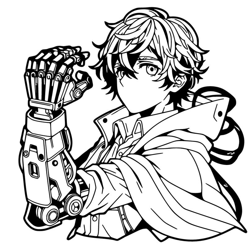 detailed anime man with robot arm