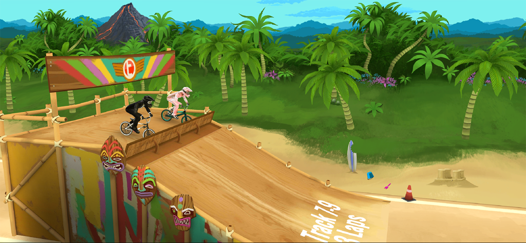 Mad Skills BMX 2: Bike Game - Dos BMX pilotos en la puerta de salida de una pista de carreras en una isla tropical con un volcán al fondo.