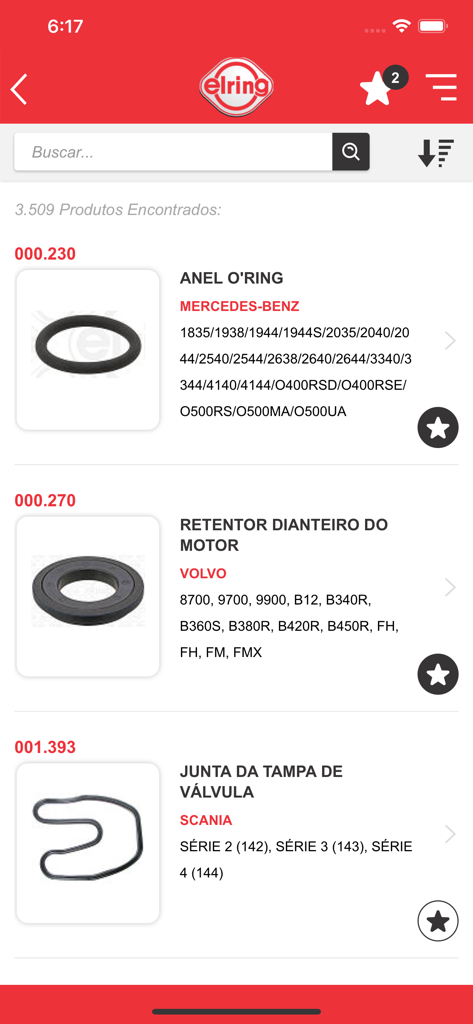 Catálogo Elring - Das Original - Schermata mobile dell'app del catalogo Elring che mostra guarnizioni e tenute motore per veicoli commerciali.