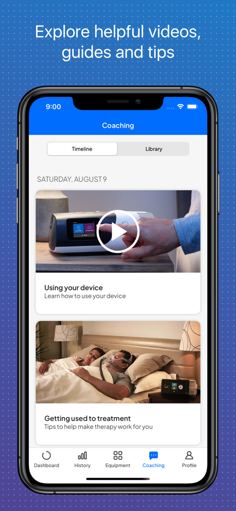 Screenshot della sezione coaching dell'app myAir che mostra una libreria di video utili e guide per la terapia del sonno.
