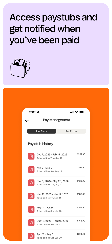 7shifts: Employee Scheduling - 7shifts 모바일 앱 인터페이스. 직원 급여 관리와 날짜 및 수입이 포함된 급여 명세서 기록을 표시합니다.