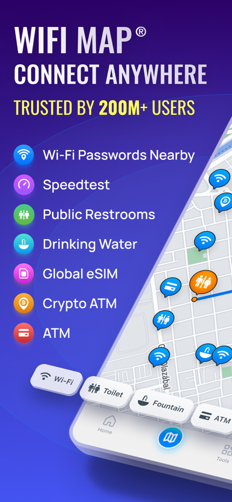 Interfaz de la aplicación WiFi Map que muestra funciones de conectividad y servicios locales como baños públicos y cajeros automáticos