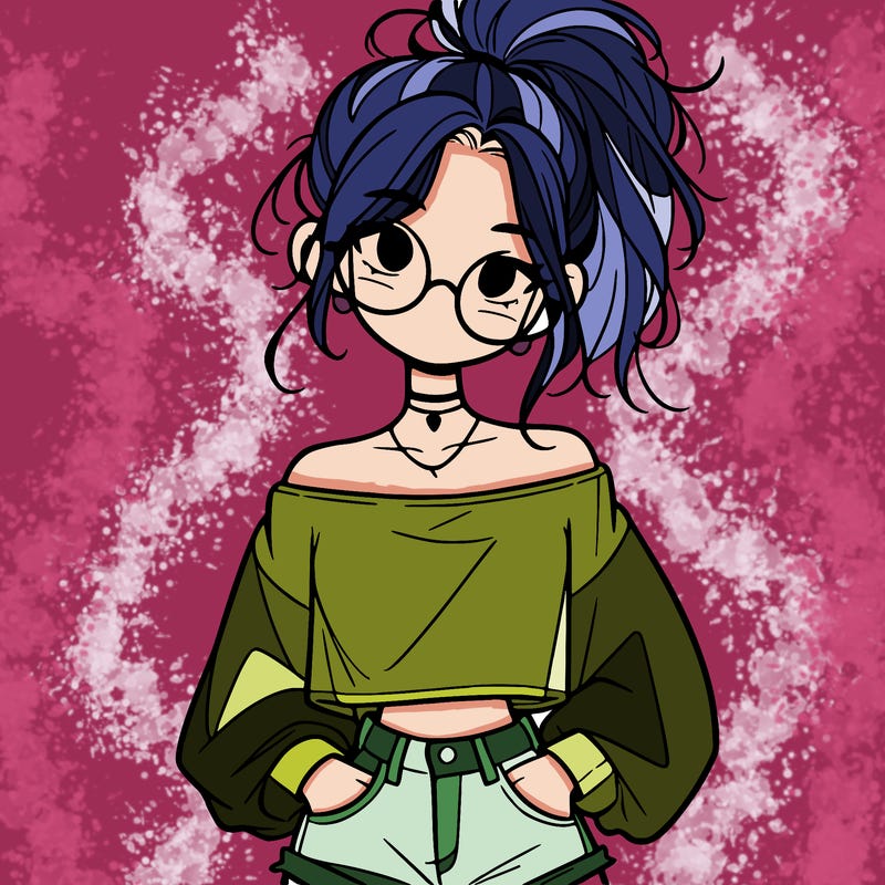 girl with a messy ponytail glasses a baggy crop top and jean shorts