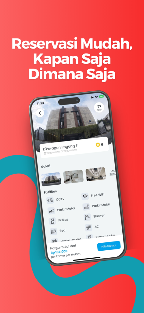 Interface de l'application DPARAGON montrant une annonce de chambre en location à Yogyakarta avec le prix et les commodités.