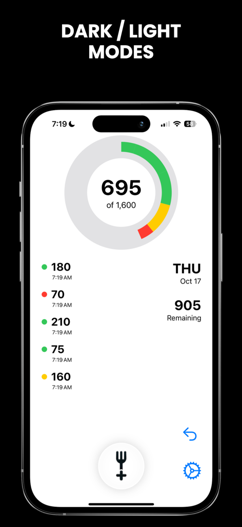 Easiest Calorie Counter - Interfaz de la aplicación El Contador de Calorías Más Fácil que muestra el anillo de progreso de calorías diario y el registro de alimentos codificado por colores