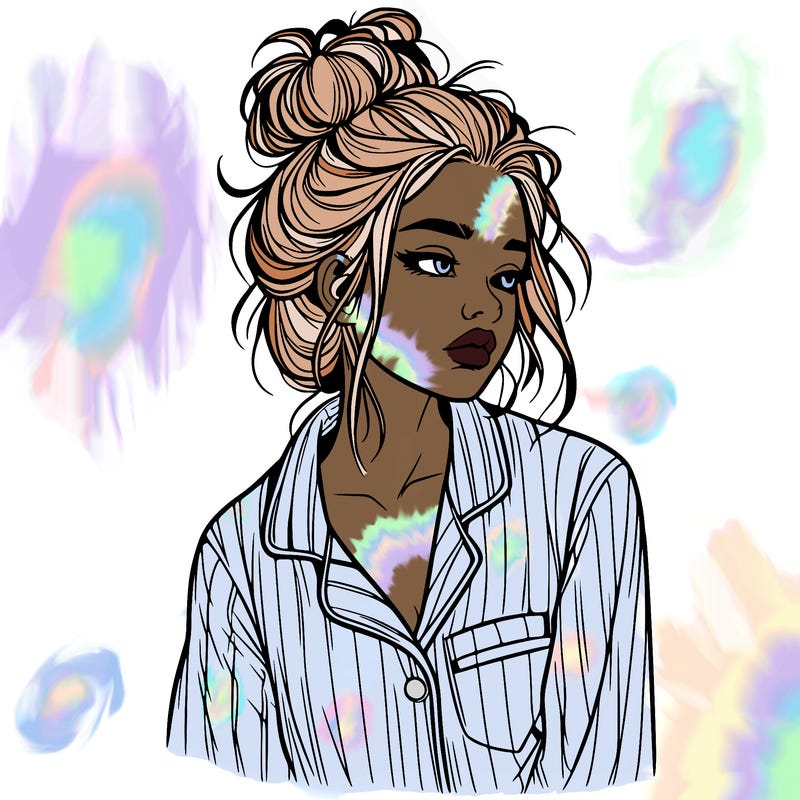 realistic woman with pajamas on and a messy bun