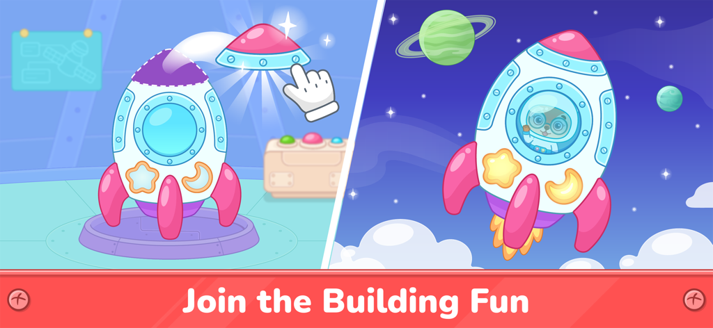 Building Games for Kids 2-6 - Pantalla de juego educativo que muestra a un niño construyendo un cohete y viéndolo volar en el espacio.