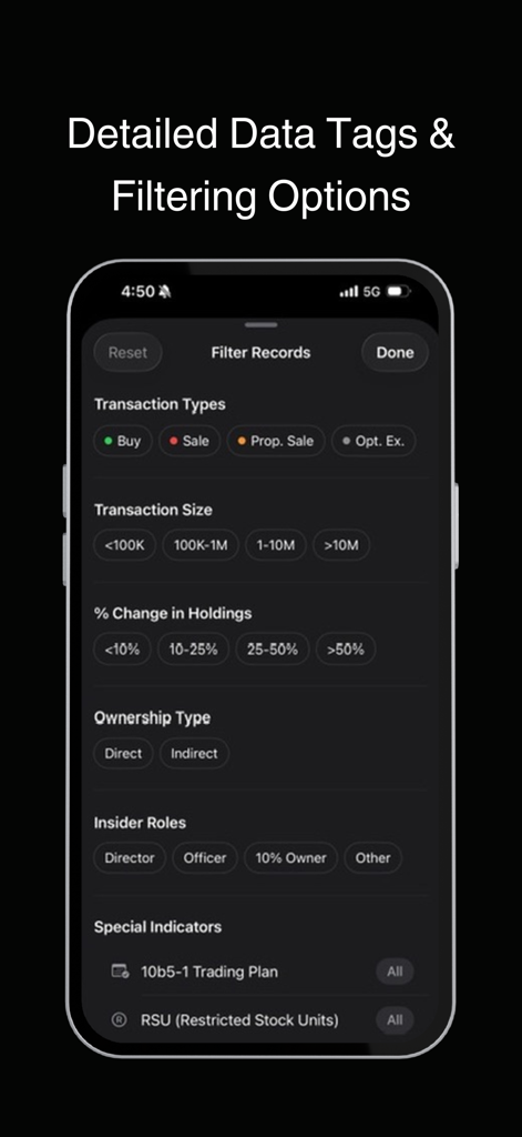 Undula: Insider Trading - Undula mobile app screen showing detailed filtering options for insider trading records by transaction type and size