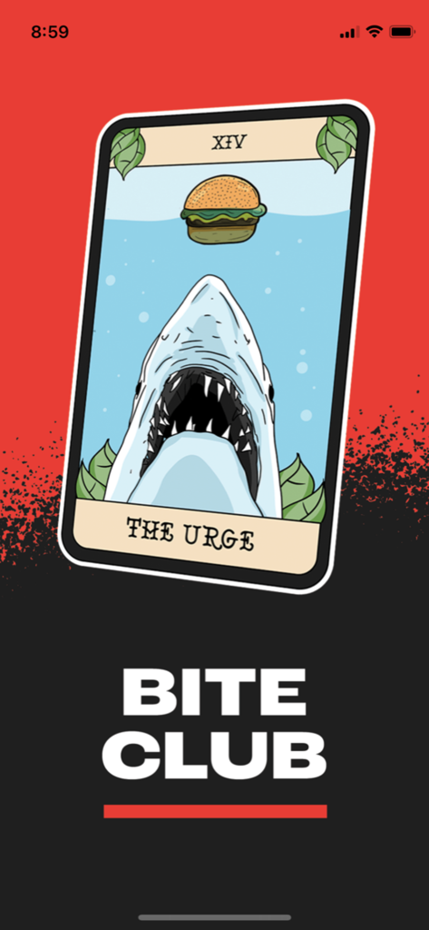 Gráfico estilo carta de tarô com um tubarão e um hambúrguer com o texto Bite Club
