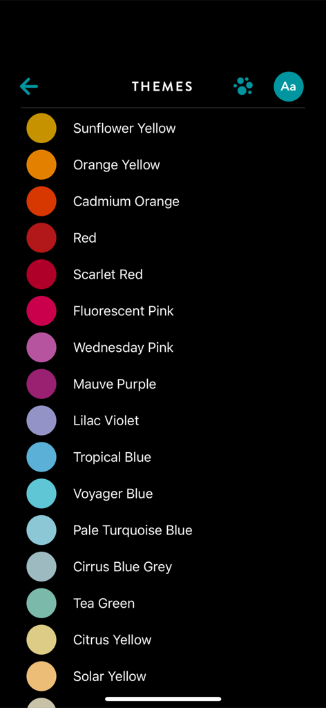 Ein Menü mit lebendigen Farbthemen für die Timepage-Kalender-App-Oberfläche