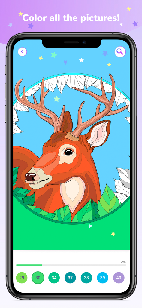 Art Collection Color by Number - Pantalla de la aplicación de colorear por número que muestra una ilustración de un ciervo.