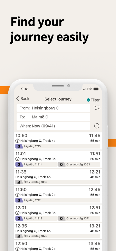 Skånetrafiken - Skanetrafiken app journey planner interface showing train schedules from Helsingborg to Malmo