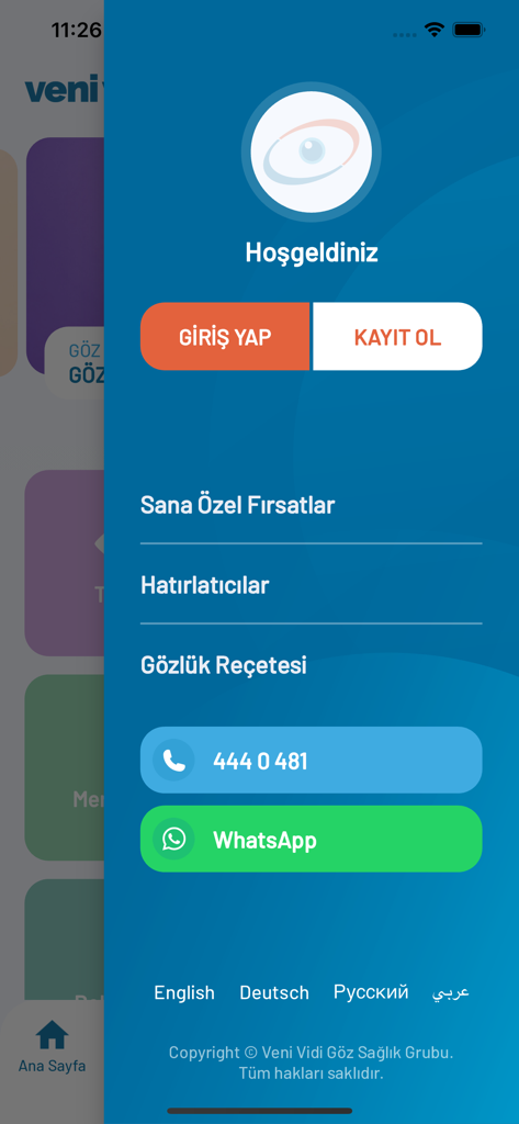 Veni Vidi Göz - Menú de bienvenida de la aplicación móvil Veni Vidi Goz con opciones de inicio de sesión, registro y contacto