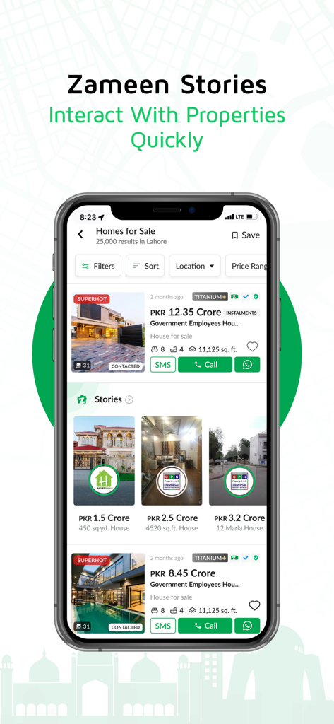 Zameen: No. 1 Property Portal - Zameen mobile app interface showing property stories and real estate listings in Pakistan